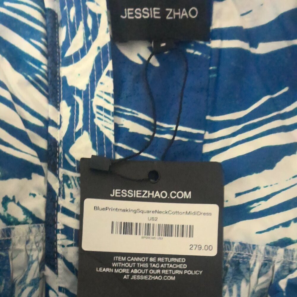 NEW Jesse Zhao Blue Print Square Neck Midi Dress – Size 2 - Picture 4 of 8